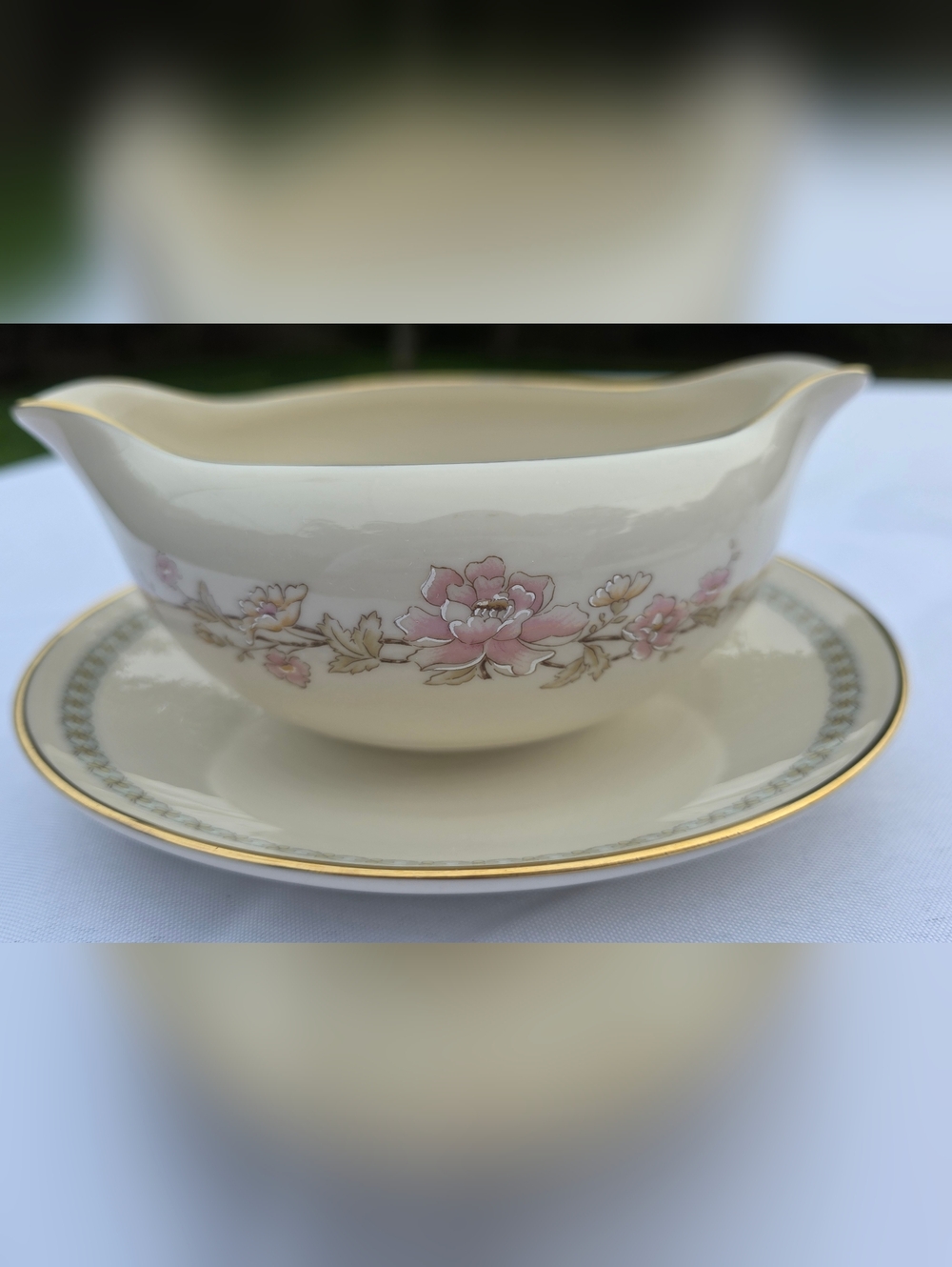 Vintage Collectible Gorham Porcelain Gravy Boat | Pink Floral with Gold Trim